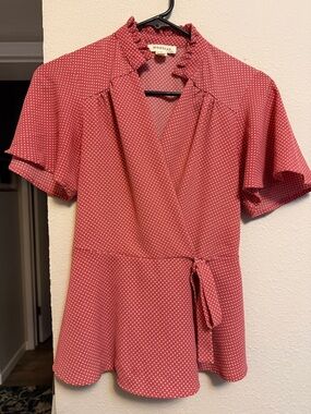 Monteau Red Polka Dot Wrap Blouse S